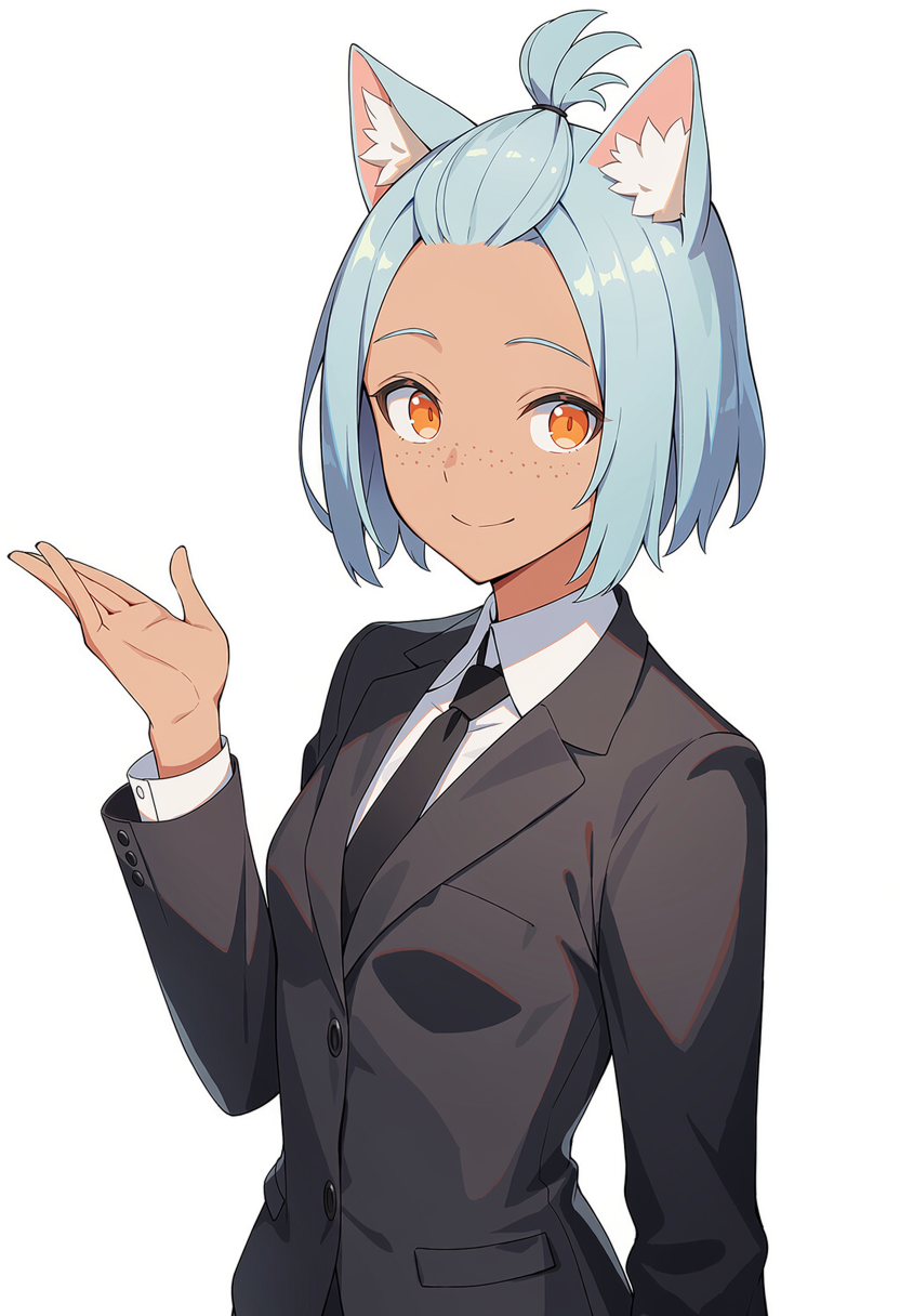 Aki at the Kanda office in the company suit, pale mint hair pinned up between her ears, one hand raised to show a visitor through